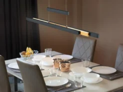 LED Pendelleuchte TRAJAN ausziehbar höhenverstellbar Schwarz Gold, Breite 150cm