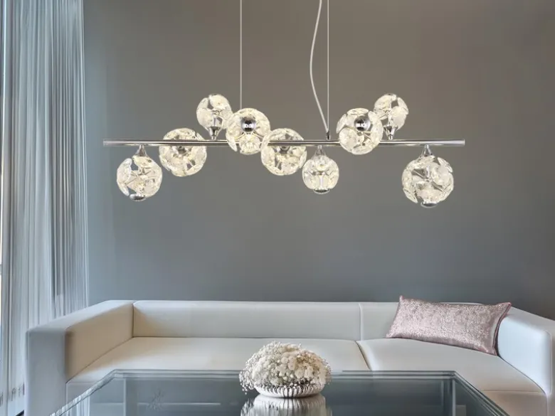 LED Pendelleuchte VIRINA 9-flammig Silber mit Kristall Glaskugeln, Breite 101cm