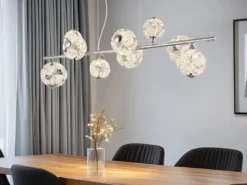 LED Pendelleuchte VIRINA 9-flammig Silber mit Kristall Glaskugeln, Breite 101cm