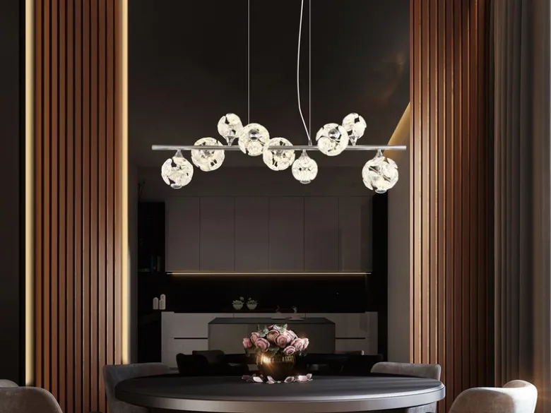LED Pendelleuchte VIRINA 9-flammig Silber mit Kristall Glaskugeln, Breite 101cm