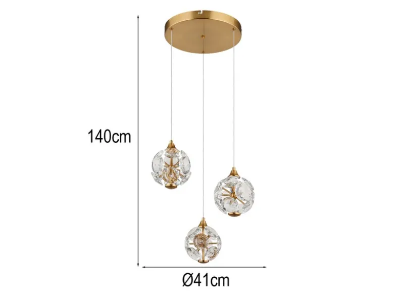 LED Pendelleuchte VIRINA 3-flammig Gold mit Kristall Glaskugeln, Ø 41cm