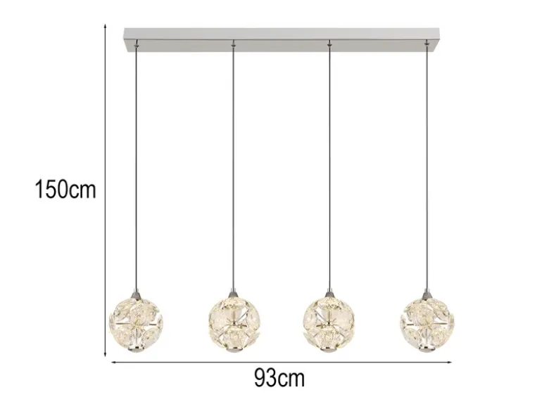 LED Pendelleuchte VIRINA 4-flammig Silber mit Kristall Glaskugeln, Breite 93cm