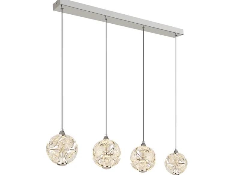 LED Pendelleuchte VIRINA 4-flammig Silber mit Kristall Glaskugeln, Breite 93cm