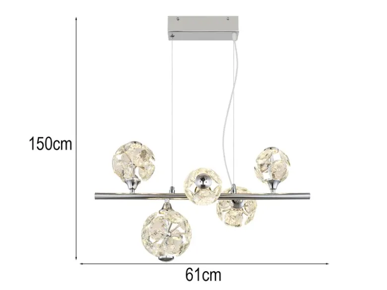 LED Pendelleuchte VIRINA 5-flammig Silber mit Kristall Glaskugeln, Breite 61cm