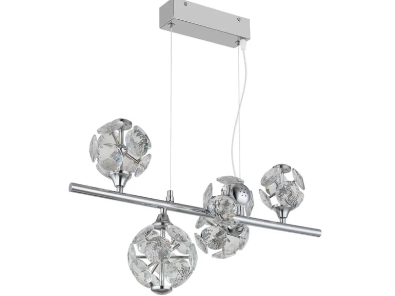LED Pendelleuchte VIRINA 5-flammig Silber mit Kristall Glaskugeln, Breite 61cm