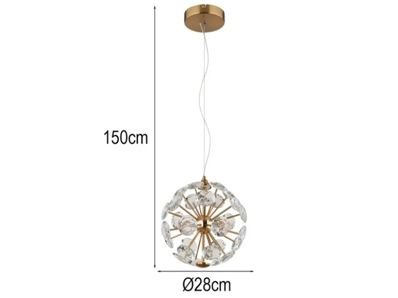 LED Pendelleuchte VIRINA Gold Kugellampe aus K9 Kristallen, Ø 28cm