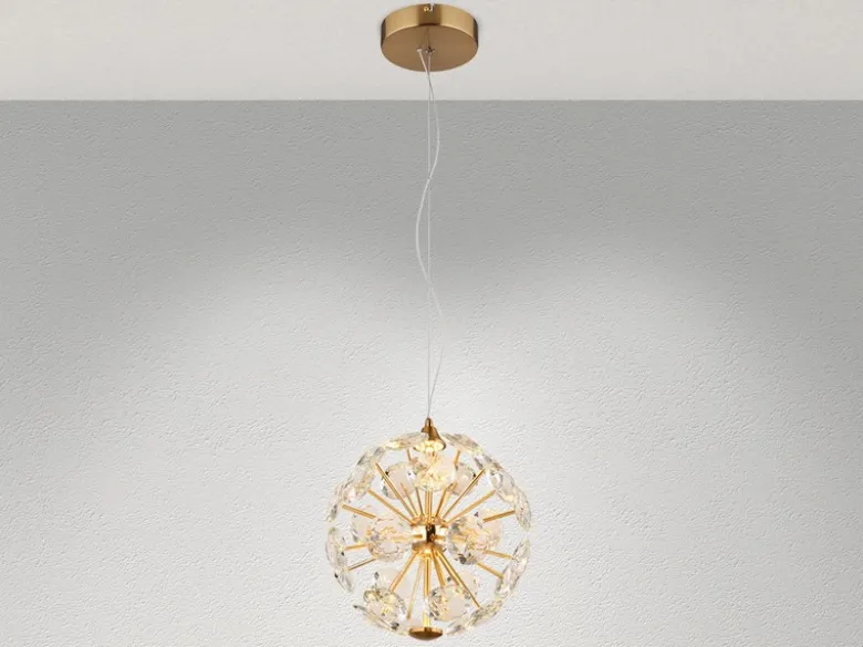 LED Pendelleuchte VIRINA Gold Kugellampe aus K9 Kristallen, Ø 28cm