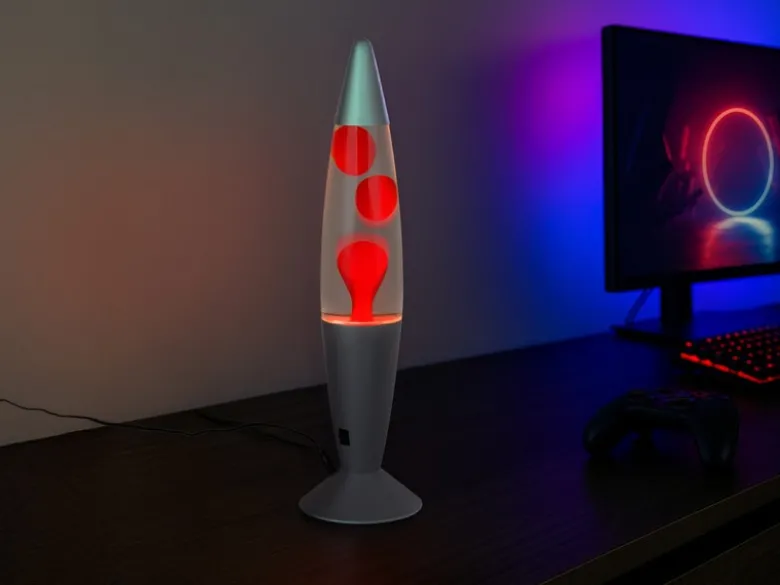 LED Raketen Lavalampe VESUV im 90er Jahre Design, Silber Rot, Höhe 41,5cm