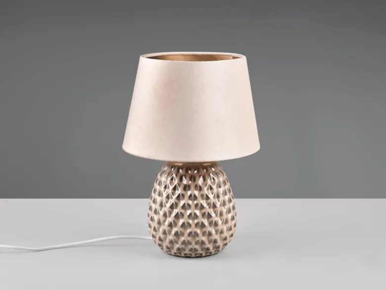 LED Retro Tischleuchte mit Samtschirm in Beige/Gold, Höhe 35cm