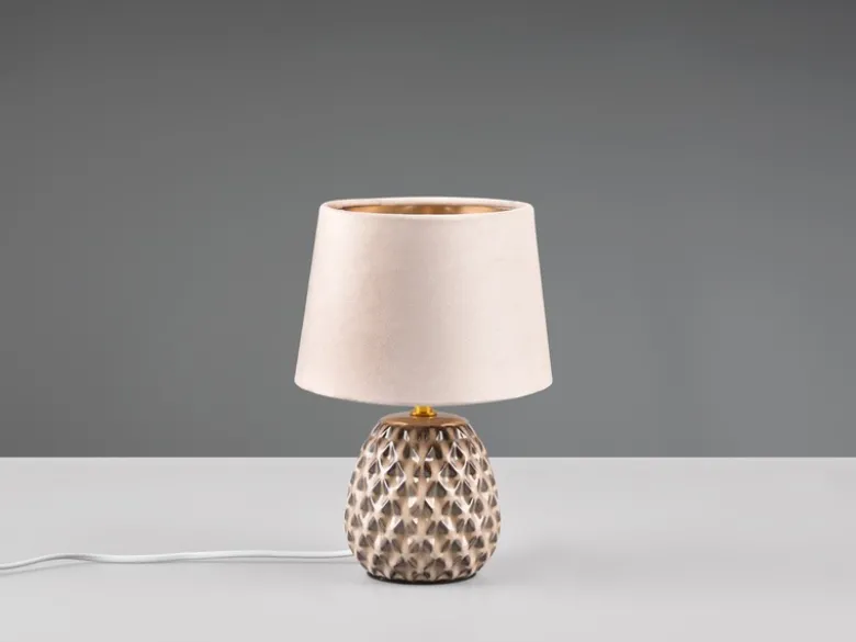 LED Retro Tischleuchte mit Samtschirm in Beige/Gold, Höhe 27cm