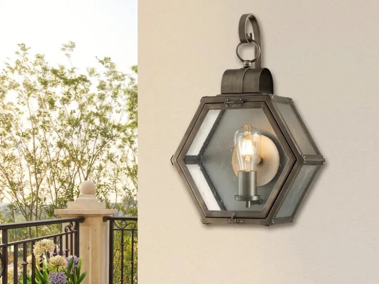 LED Rustikale Außenwand Laterne hängend sechseckig, Bronze Höhe 48cm
