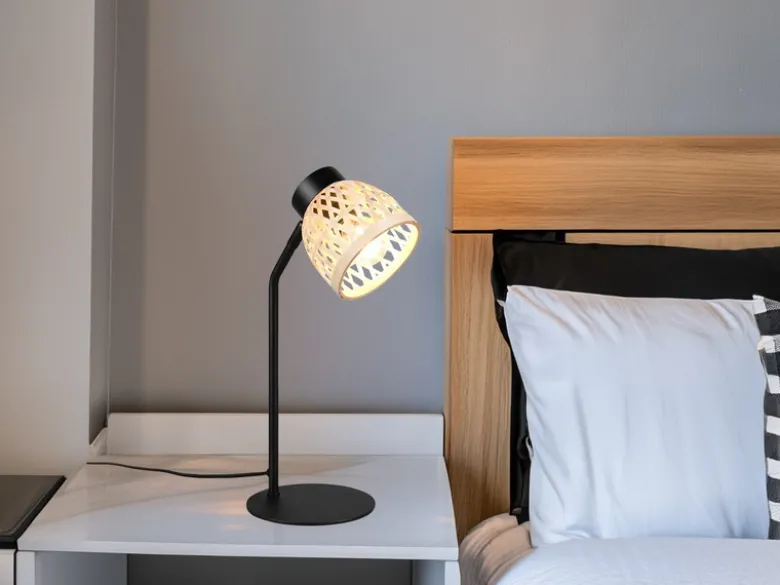 LED Schreibtischleuchte mit Korb Lampenschirm aus Bambus, Höhe 36cm