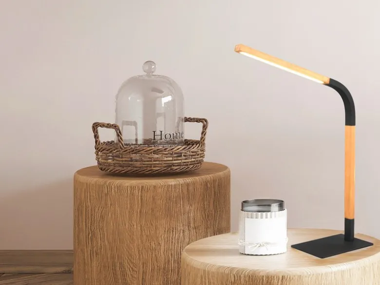 LED Schreibtischleuchte NORRIS Schwarz mit Holz, Höhe 42cm