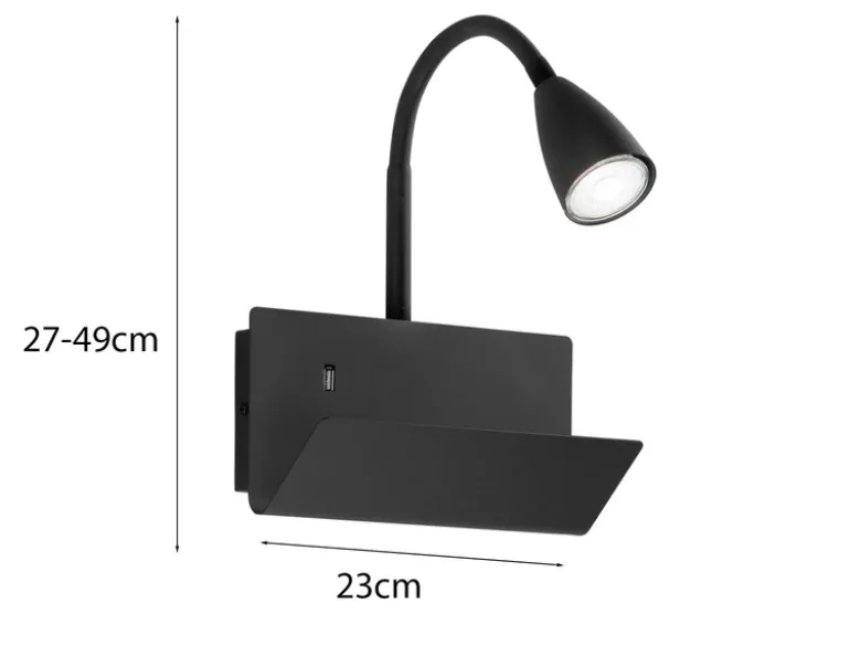 LED Schwanenhals Leselampe Schwarz mit Ablage & USB-Ladefunktion, B. 23cm