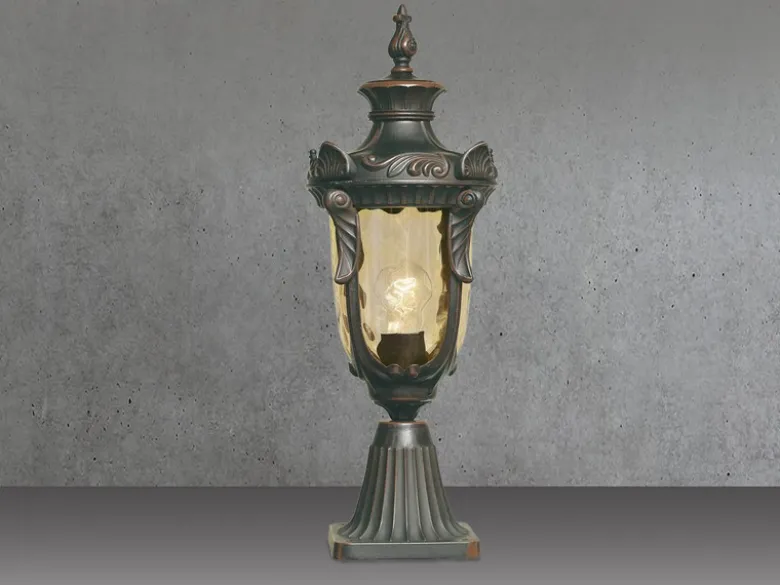 LED Sockel Laterne im Jugendstil mit Amberglas, Höhe 54cm