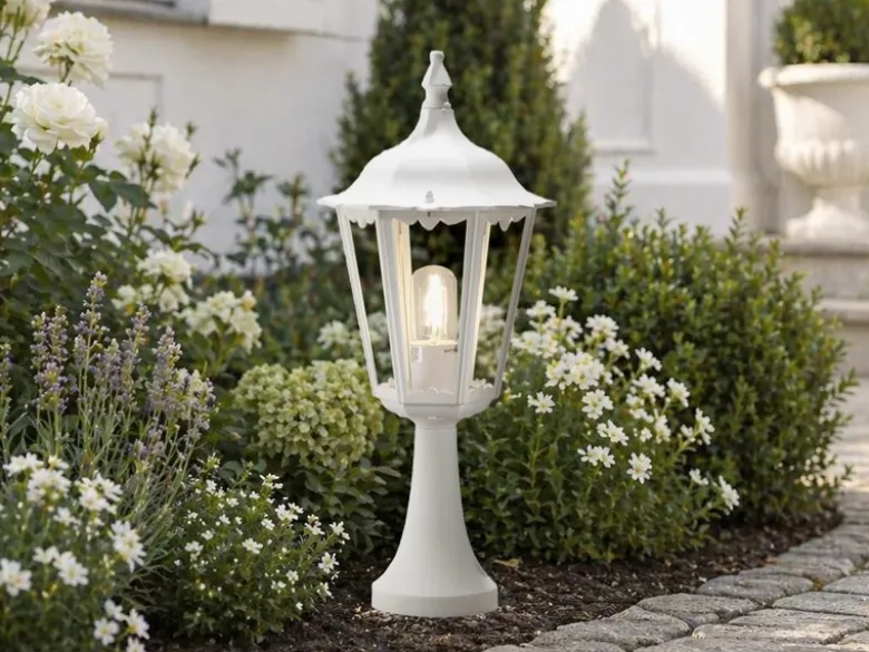 LED Sockelleuchte aus Aluminium Weiß, antike E27 Gartenlaterne, Höhe 55cm