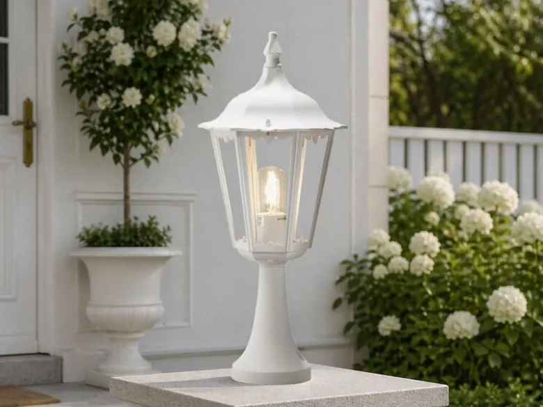 LED Sockelleuchte aus Aluminium Weiß, antike E27 Gartenlaterne, Höhe 55cm