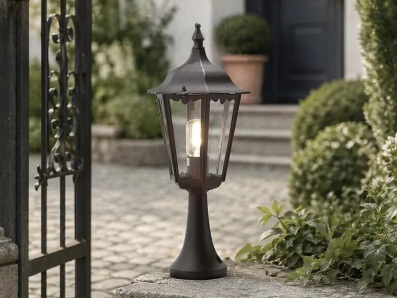 LED Sockelleuchte aus Aluminium Schwarz, antike E27 Gartenlaterne, Höhe 55cm
