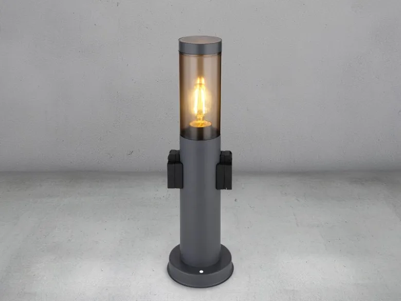 LED Sockelleuchte aus Edelstahl in Anthrazit mit zwei Steckdosen, Höhe 45cm