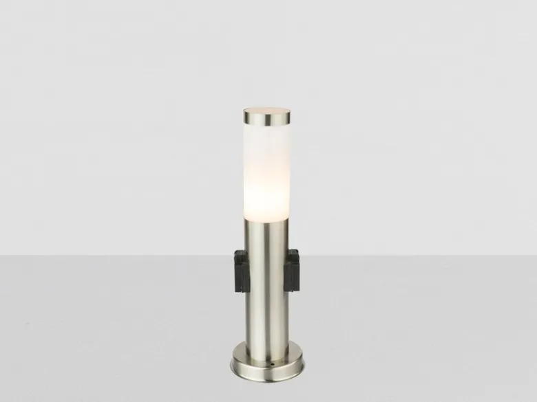 LED Sockelleuchte aus Edelstahl in Silber mit zwei Steckdosen, Höhe 45cm