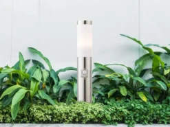 LED Sockelleuchte aus Edelstahl Silber mit Bewegungsmelder, Höhe 45cm