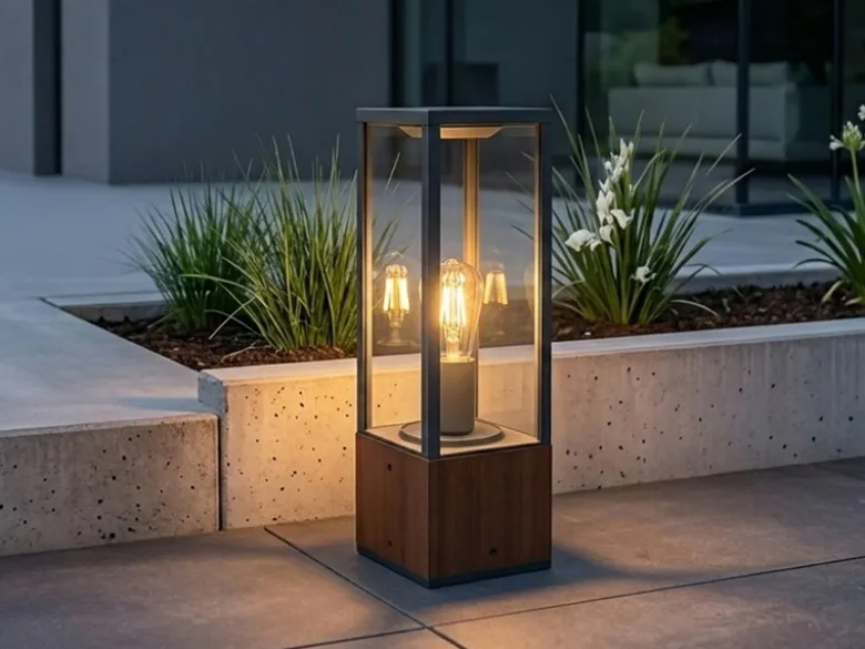 LED Sockelleuchte aus Naturholz mit Aluminium in Anthrazit Höhe 40cm