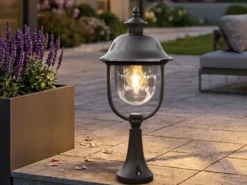 LED Sockelleuchte, Gartenlaterne im Landhausstil Schwarz Silber, Höhe 54cm
