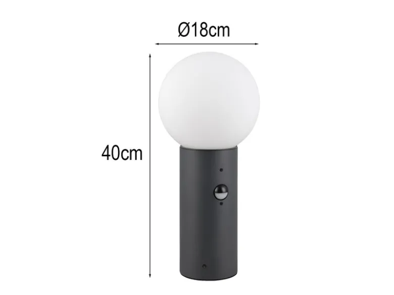 LED Sockelleuchte in Anthrazit mit Glaskugel & Bewegungsmelder, Höhe 40cm
