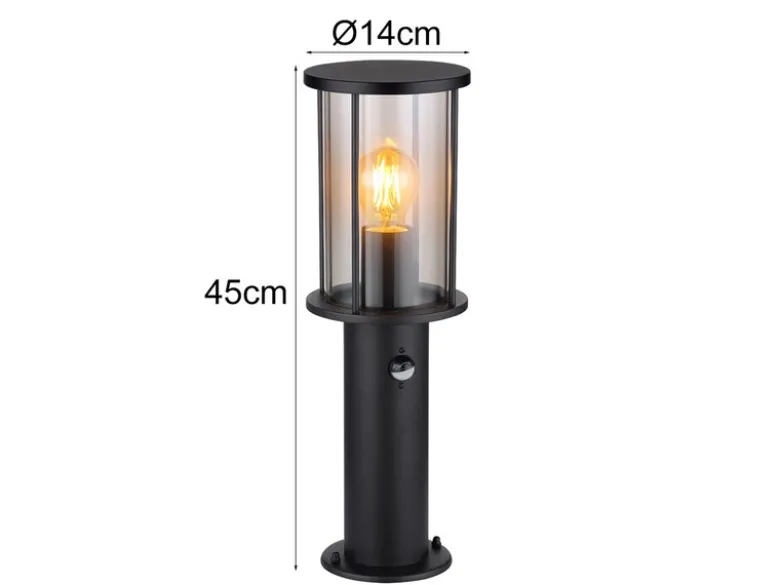 LED Sockelleuchte mit Bewegungsmelder aus Edelstahl mit Rauchglas, H: 45cm