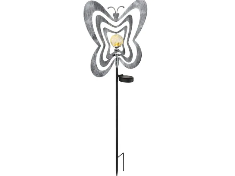 LED Solar Gartenstecker mit drehbaren Schmetterlingen in Silber-Grau, Höhe 83cm