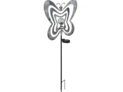 LED Solar Gartenstecker mit drehbaren Schmetterlingen in Silber-Grau, Höhe 83cm