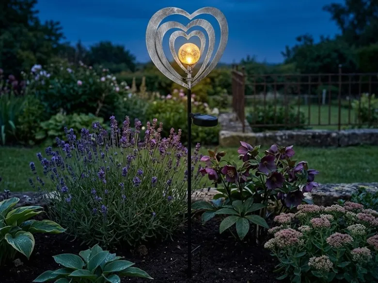 LED Solar Gartenstecker mit drehbaren Herzen & Erdspieß Silber-Grau, Höhe 82cm