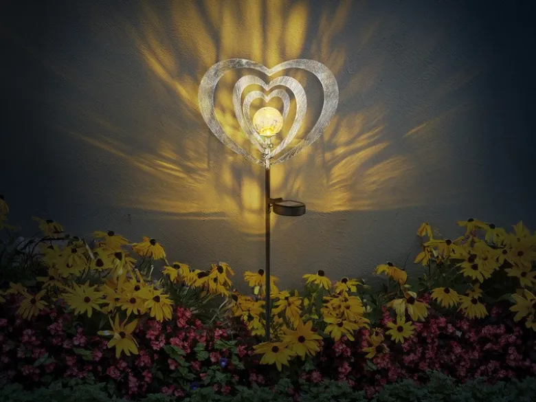 LED Solar Gartenstecker mit drehbaren Herzen & Erdspieß Silber-Grau, Höhe 82cm