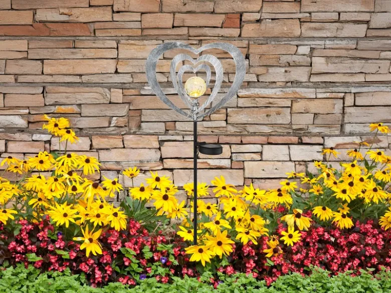 LED Solar Gartenstecker mit drehbaren Herzen & Erdspieß Silber-Grau, Höhe 82cm