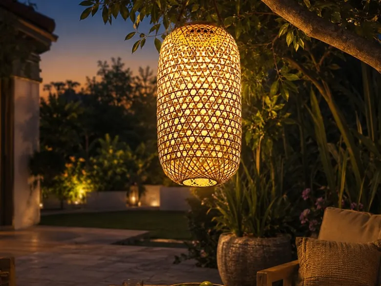 LED Solarlaterne hängend aus Bambus Korbgeflecht, Höhe 56,5cm