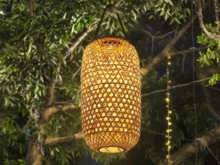 LED Solarlaterne hängend aus Bambus Korbgeflecht, Höhe 56,5cm