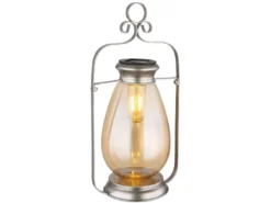 LED Solarlaterne in Silber mit Glas Lampenschirm bernsteinfarbig, H 36,5cm
