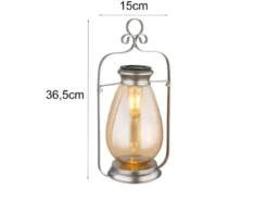 LED Solarlaterne in Silber mit Glas Lampenschirm bernsteinfarbig, H 36,5cm
