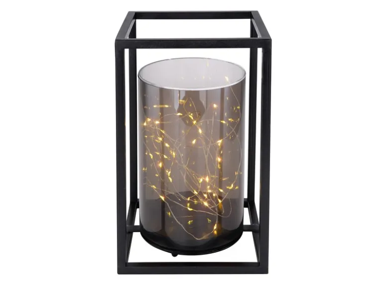 LED Solarlaterne mit rauchfarbigem Lampenschirm & Metallkäfig, Höhe 28cm