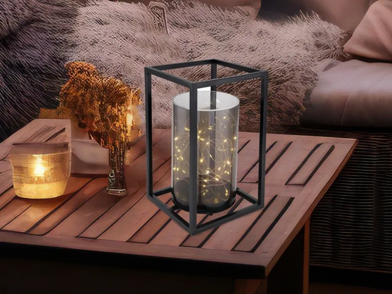 LED Solarlaterne mit rauchfarbigem Lampenschirm & Metallkäfig, Höhe 28cm