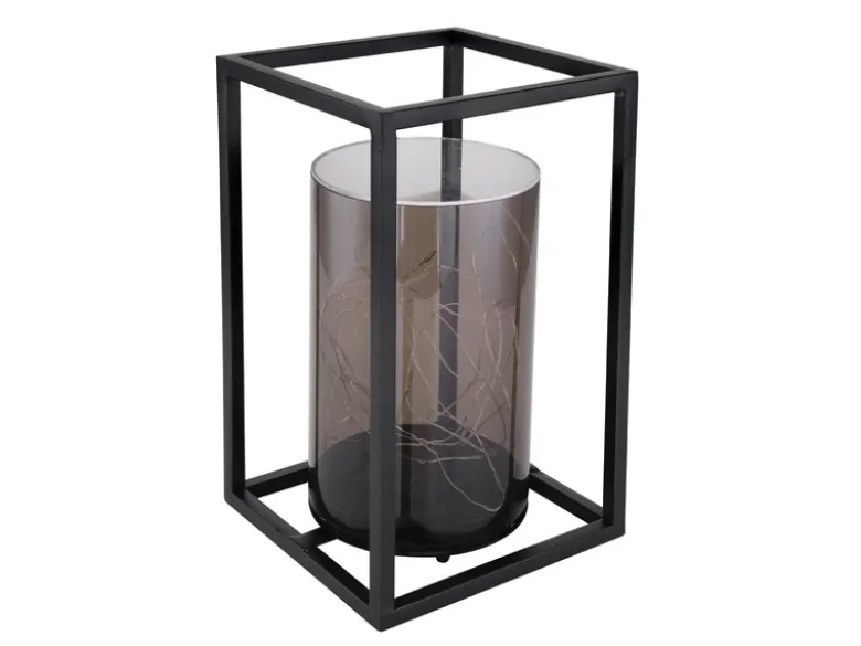 LED Solarlaterne mit rauchfarbigem Lampenschirm & Metallkäfig, Höhe 28cm