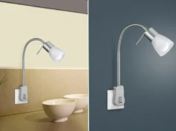 LED Steckerspot LEVISTO mit Schalter und Flexarm, Silber Höhe 40cm