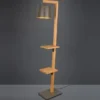 LED Stehlampe aus Holz mit Ablagen & Metallschirm Silber antik, Höhe 165cm