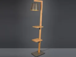 LED Stehlampe aus Holz mit Ablagen & Metallschirm Silber antik, Höhe 165cm