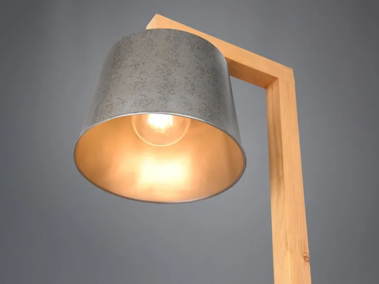 LED Stehlampe aus Holz mit Ablagen & Metallschirm Silber antik, Höhe 165cm