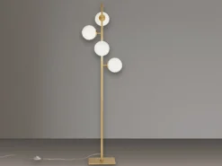 LED Stehlampe 4-flammig Gold mit Glaskugeln in Opalweiß, Höhe 150cm