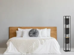 LED Stehlampe 3-flammig Schwarz Stoffschirme innen Gold, Höhe 130cm