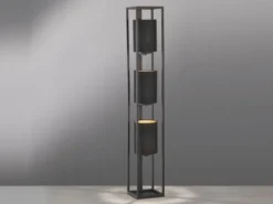 LED Stehlampe 3-flammig Schwarz Stoffschirme innen Gold, Höhe 130cm