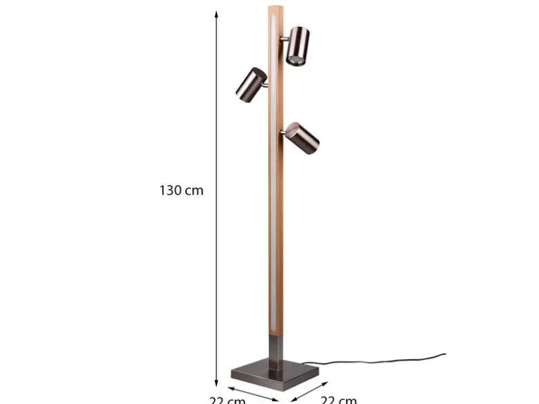 LED Stehlampe Holz / Silber matt, 3 Spots schwenkbar, Höhe 130cm