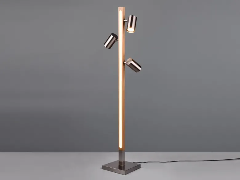 LED Stehlampe Holz / Silber matt, 3 Spots schwenkbar, Höhe 130cm